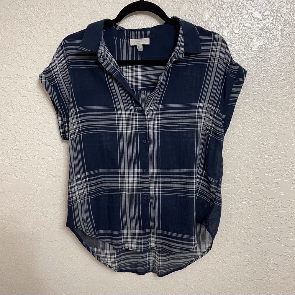 Lucky Brand Navy Blue and White Button Plaid Top